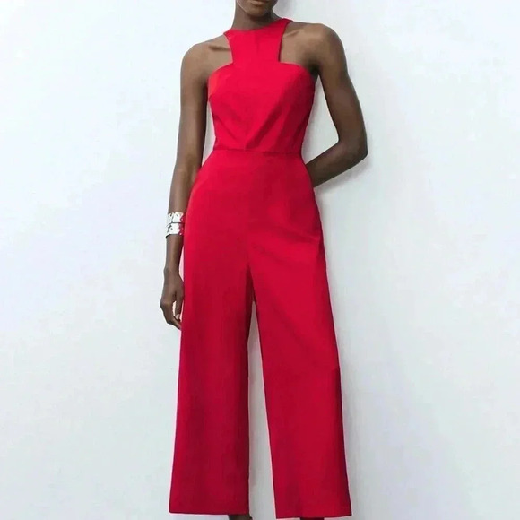 Red Elegant Women's Solid Color Open Shoulder Casual Summer Jumpsuit - Picture 1 of 7